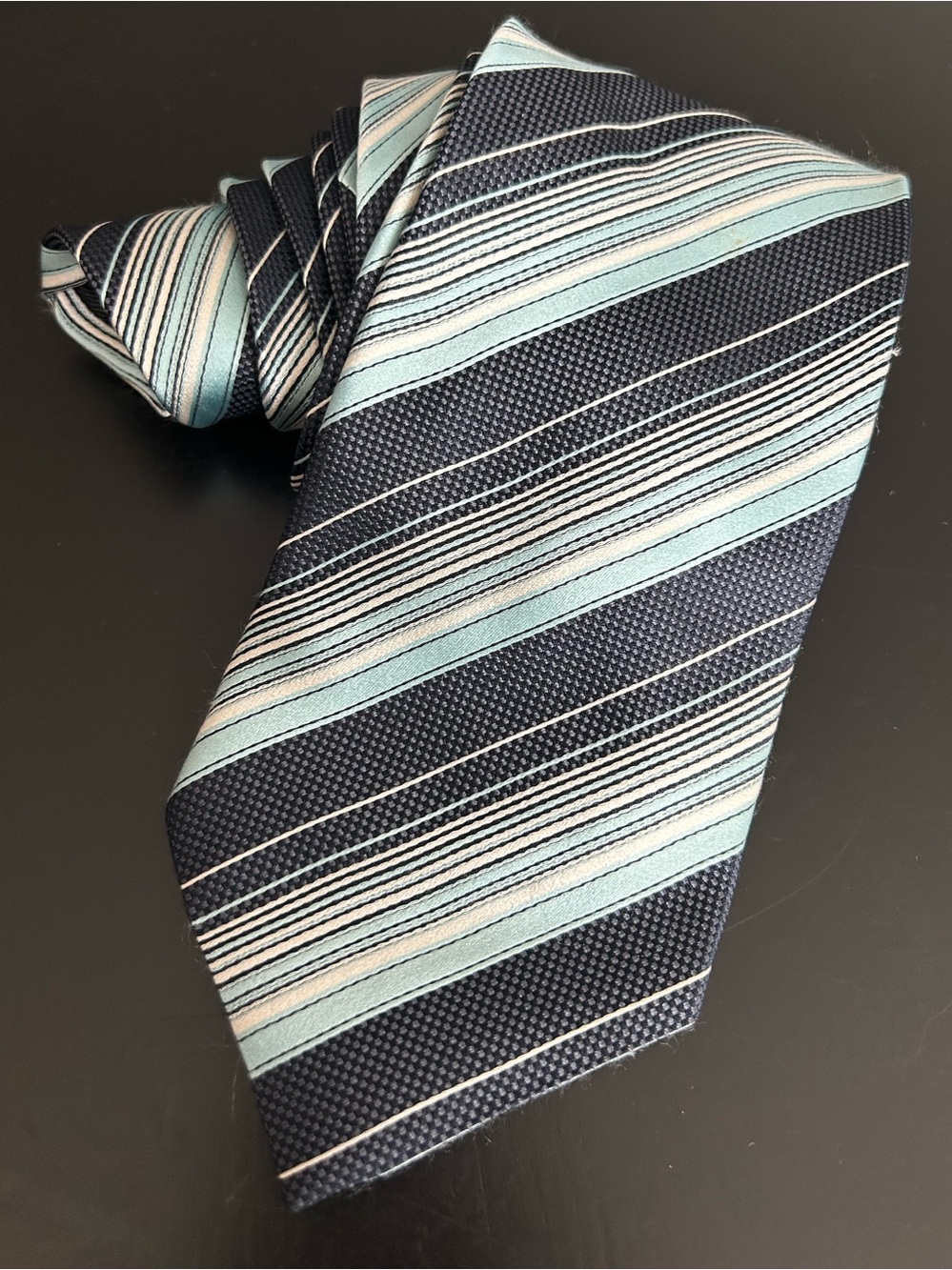 Ermenegildo Zegna Men’s Silk Diagonal Stripe Tie Necktie Blue Mint Silver Italy